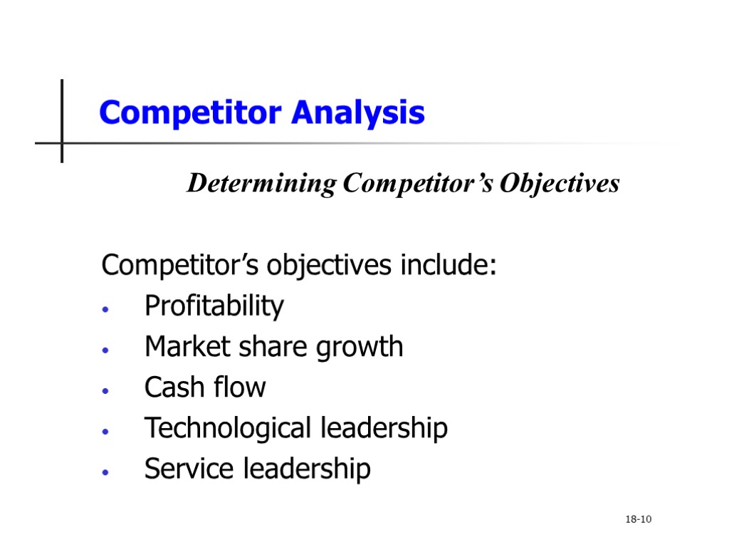 Competitor Analysis Determining Competitor’s Objectives Competitor’s objectives include: Profitability Market share growth Cash flow